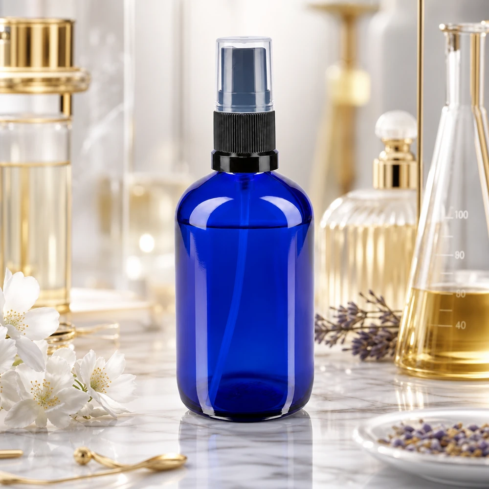 Flacone spray blu da 100 ml in vetro da farmacia con nebulizzatore nero su una superficie in marmo in un ambiente da laboratorio
