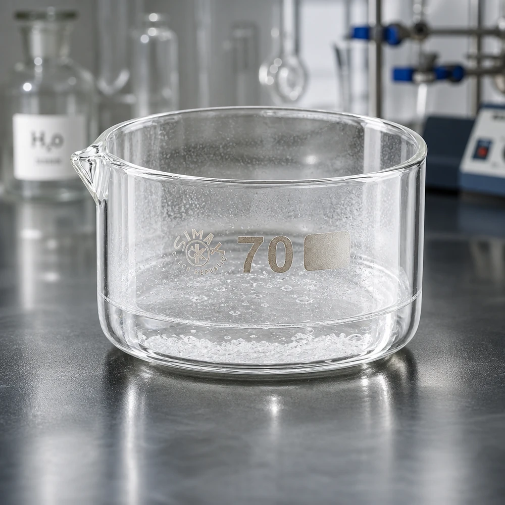 Cristallizzatore da 100 ml con beccuccio Bo.. ø70mm Ciotola di cristallizzazione trasparente, diametro 70 mm, con beccuccio, realizzata in vetro borosilicato di alta qualità