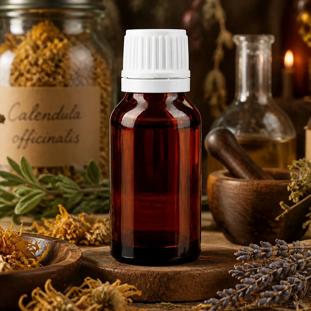 Flacone da farmacia da 15 ml in vetro ambrato con tappo a vite bianco, tra erbe essiccate e un mortaio