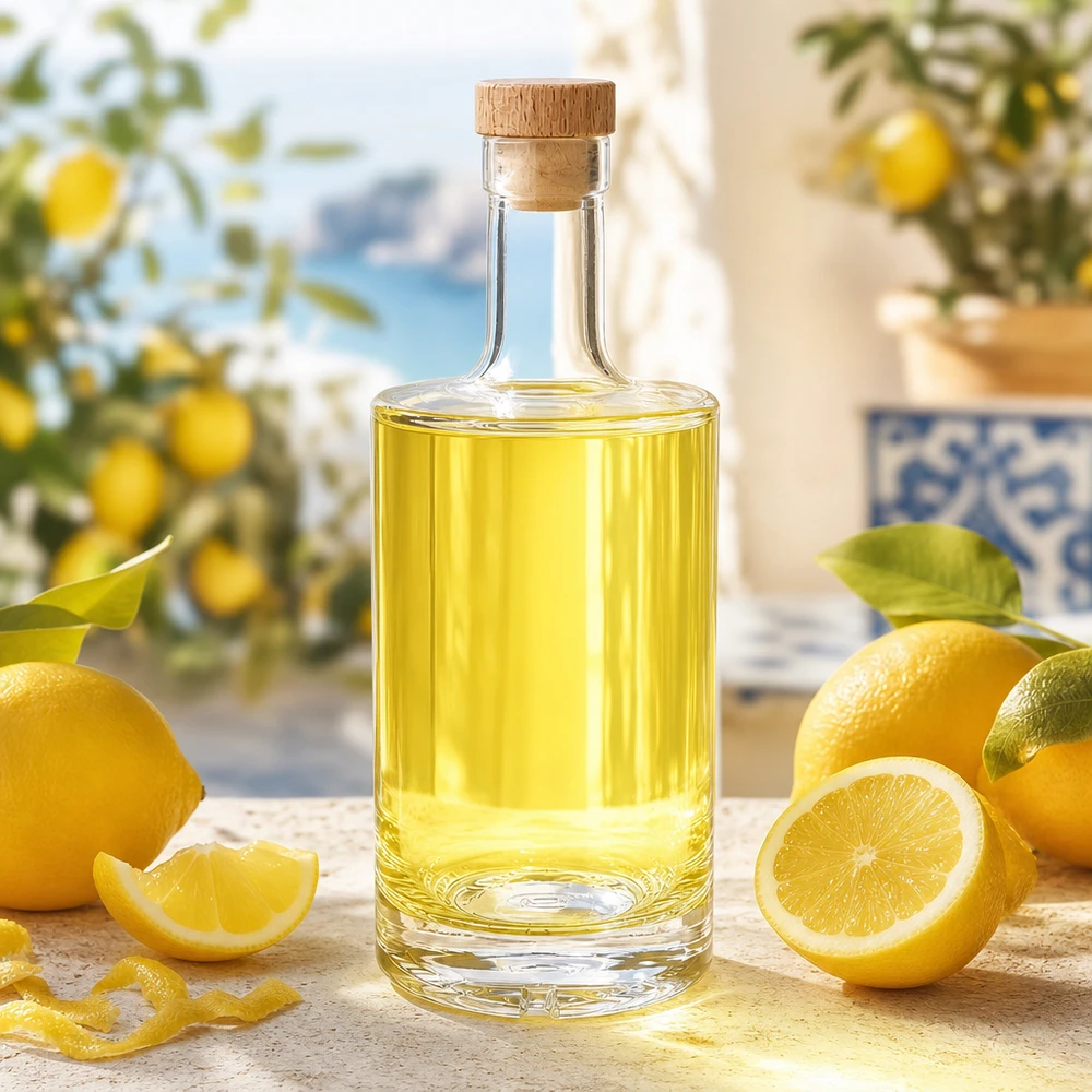 Bottiglia in vetro da 500 ml Nora con tappo in sughero con impugnatura in legno UNiTWIST® Bottiglia in vetro da 500 ml Nora riempita di liquore al limone decorazione mediterranea tappo in legno UNiTWIST agrumi