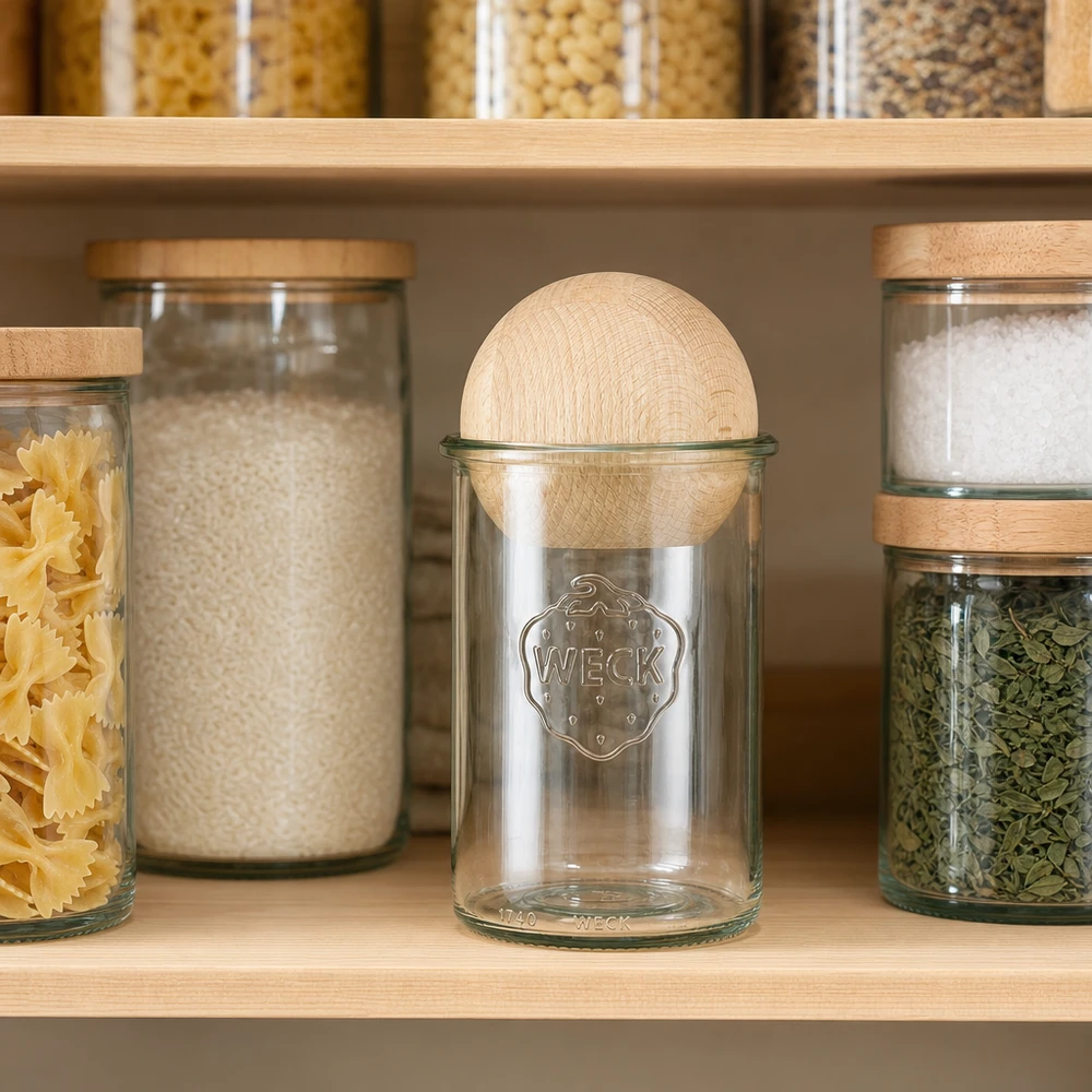 Bicchieri WECK RR100 da 1000 ml con sfera in legno di faggio WECK Vorratsglas 1000ml RR100 mit Buchenkugel in moderner Küche zwischen Pasta, Reis und Gewürzen zur stilvollen Aufbewa