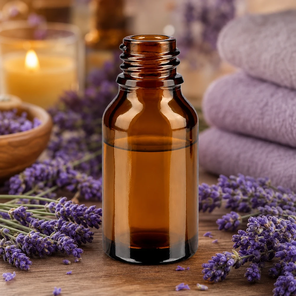Flacone ApoGlas marrone da 15 ml, con fiori di lavanda e asciugamani in un'atmosfera rilassante da spa.