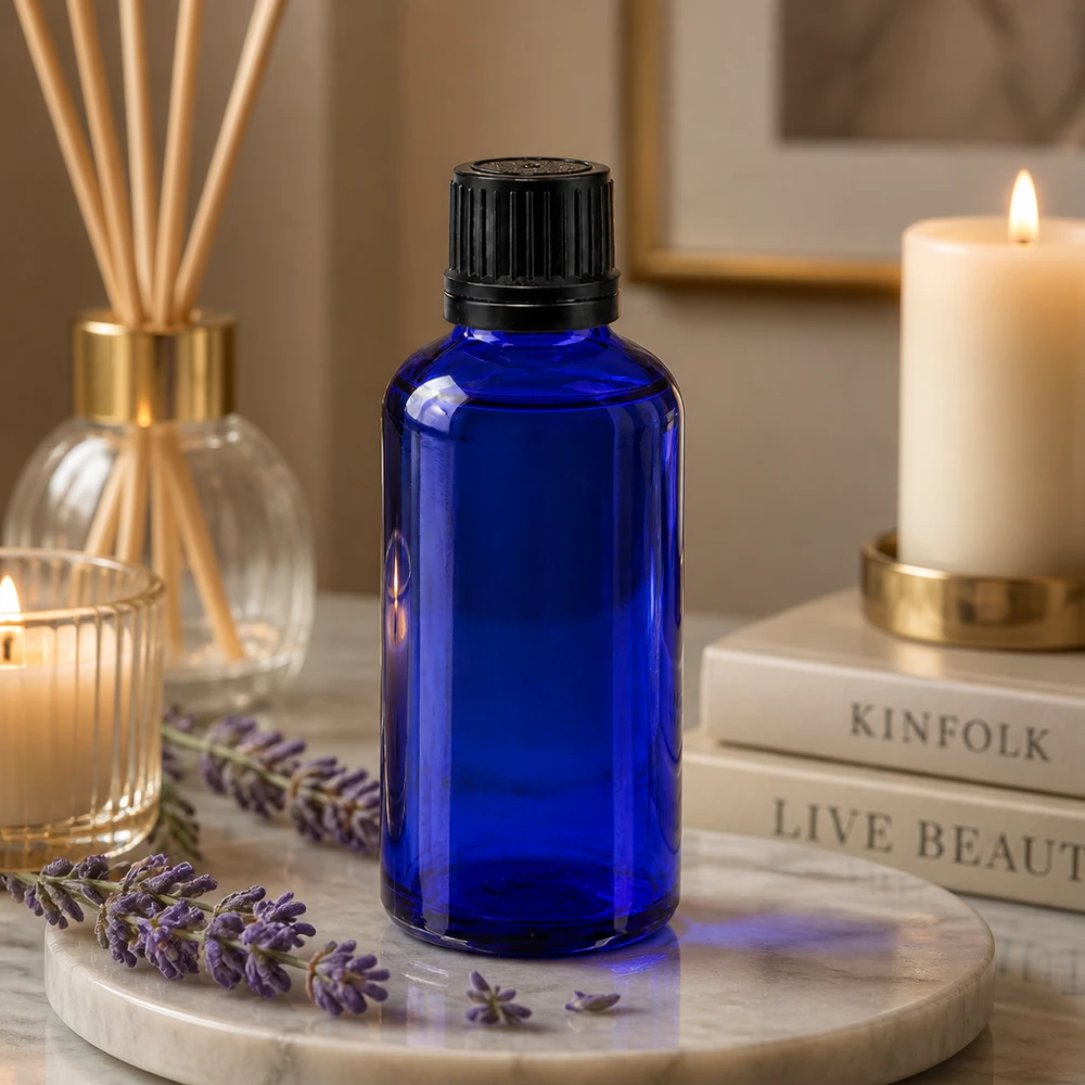 Flacone contagocce blu da 50ml OV nero/1mm ApoGlas Flacone da farmacia da 50 ml di colore blu con tappo OV, accanto a fiori di lavanda e candele profumate