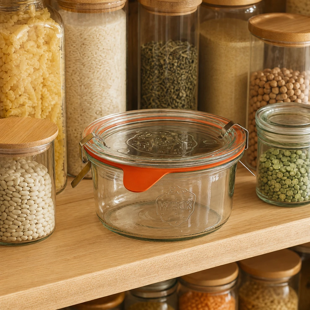 WECK 165ml RR80 mason jar in dispensa organizzata tra barattoli di conserva con riso, lenticchie e spezie