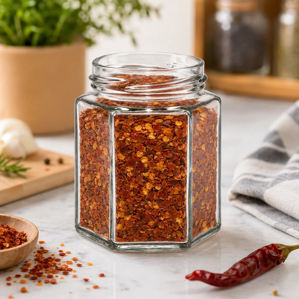 UNiTWIST Hexa196 - Vaso a 6 angoli capacità 196ml TO58 UNiTWIST Hexa196 barattolo esagonale per spezie da 196 ml pieno di fiocchi di peperoncino sul piano di lavoro della cucina