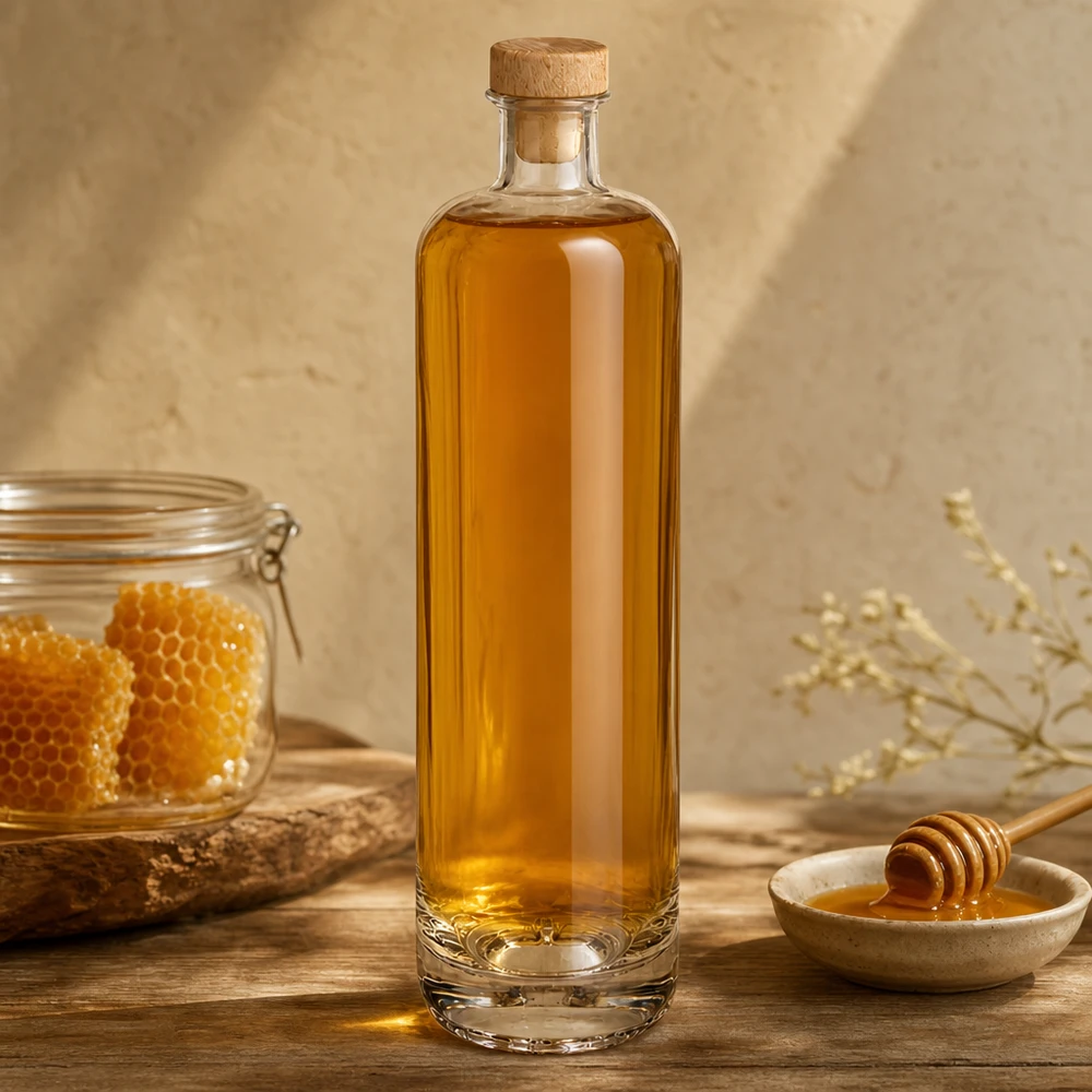 Bottiglia in vetro da 700 ml di Ella riempita di miele con tappo in legno accanto a favo e cucchiaio da miele su base in legno