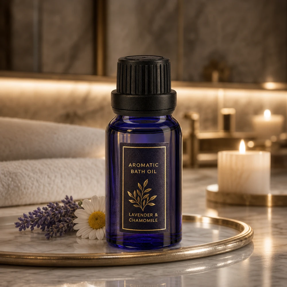 Flacone contagocce blu da 10ml OV nero/2mm ApoGlas Flacone da farmacia blu da 10 ml con contagocce per olio da bagno alla lavanda e alla camomilla, posato su un vassoio da bagno