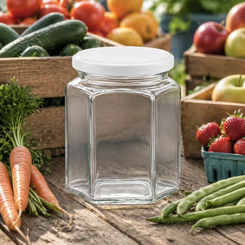 Vasetto per miele da 400 g con capsula bianca BasicSeal UNiTWIST Vasetto di miele da 400 g esagonale vuoto con coperchio bianco tra verdura e frutta fresca su tavolo di legno in stile casa di campagna