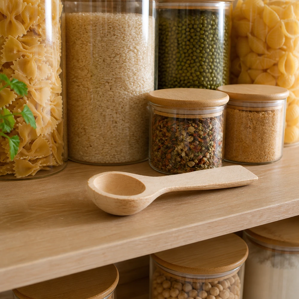 Paletta in legno S in cucina dispensa con pasta riso lenticchie spezie stoccaggio organizzato gadget cucina sostenibile