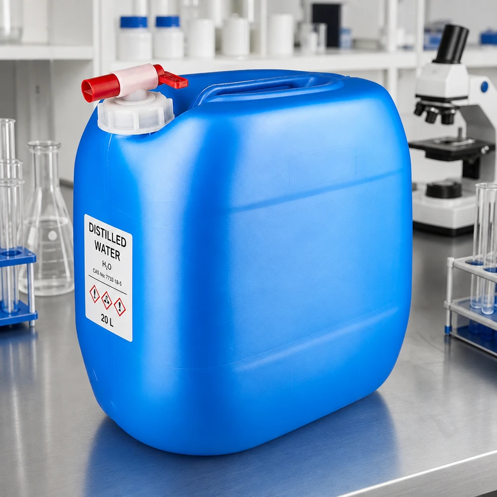 Robusto contenitore da 30 litri di colore blu con pratico rubinetto di scarico per laboratori e industria