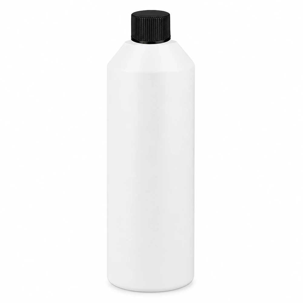 Flacone rotondo bianco da 250 ml in HDPE con tappo nero, ideale per il settore farmaceutico e cosmetico