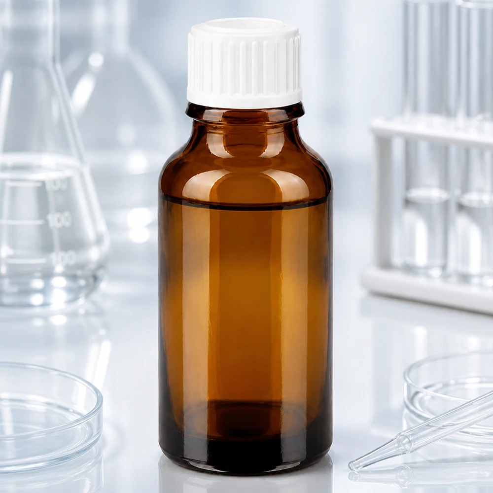 Flacone contagocce da 20 ml in vetro ambrato con tappo a vite bianco in ambito di laboratorio