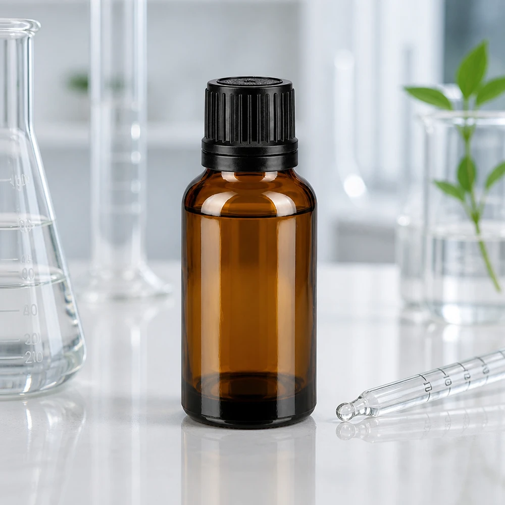 Flacone contagocce da 20 ml in vetro ambrato con apertura da 1 mm e tappo OV nero in laboratorio