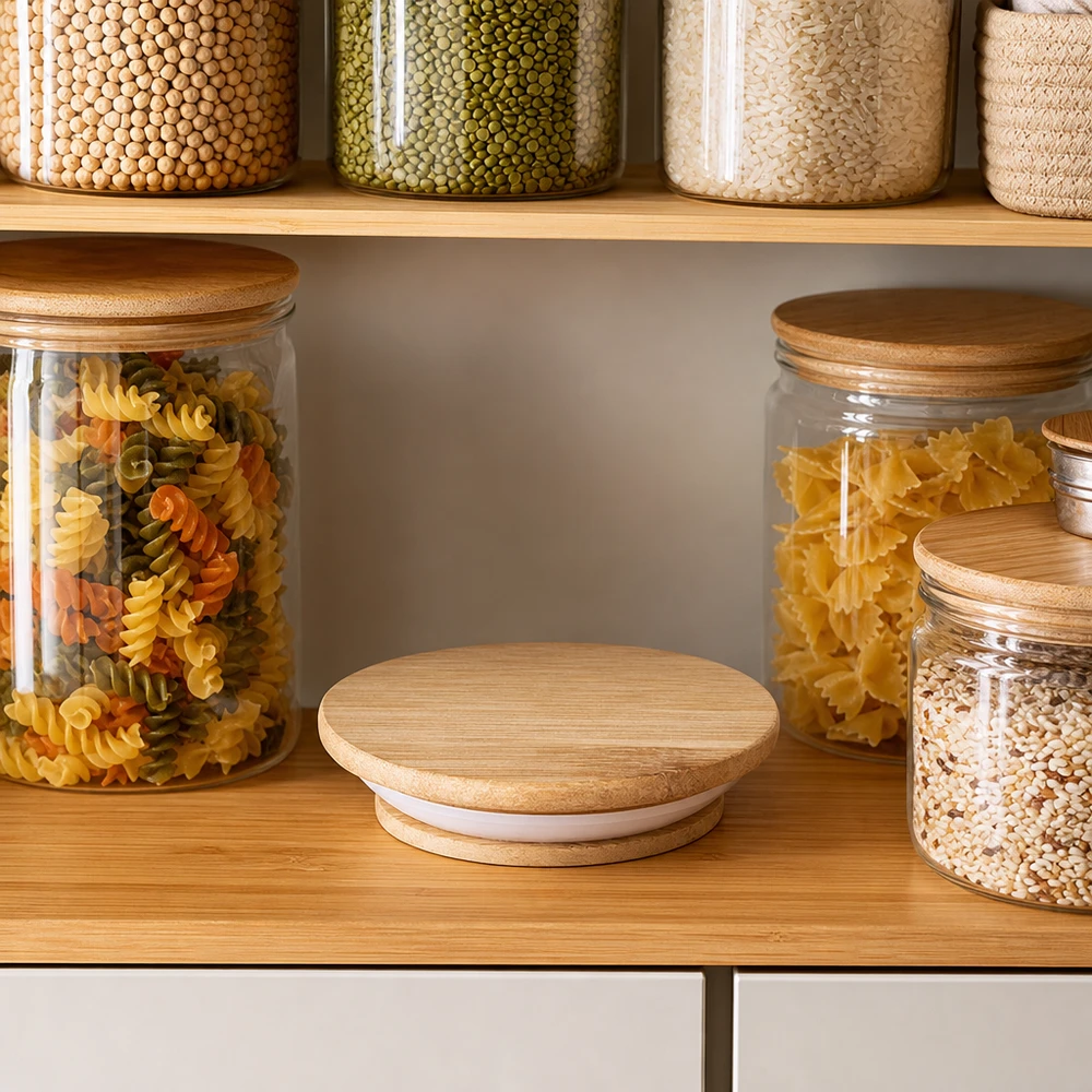 Coperchio in legno WECK RR40 rovere naturale in cucina organizzato con barattoli per pasta, riso e legumi