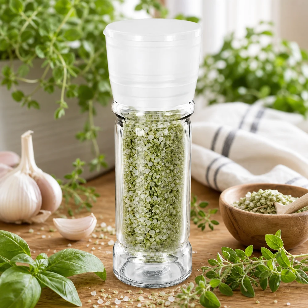 Barattolo di sale alle erbe da 100 ml con macinino bianco, riempito di sale verde alle erbe tra erbe aromatiche fresche