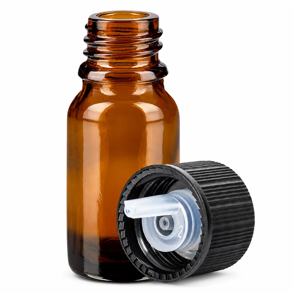 Flacone contagocce da 10 ml 1 mm nero STD BrownLine UT18/10 Flacone contagocce compatto da 10 ml in vetro ambrato con protezione dai raggi UV e sistema di chiusura nero