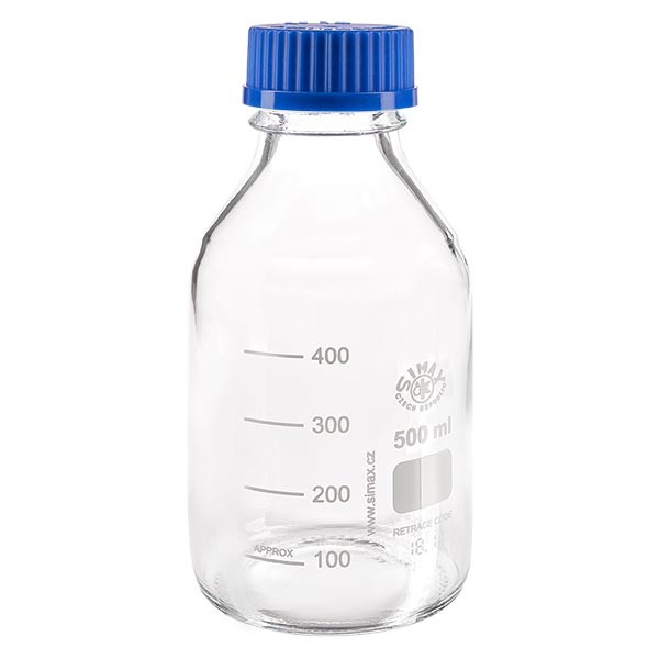 Bottiglia filettata da laboratorio 500ml con tappo, borosilicato
