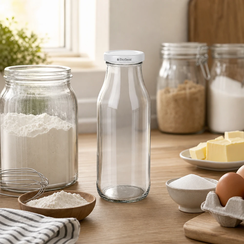 Bottiglia UNiTWIST263 con coperchio bianco TO43 BioSeal UNiTWIST Bottle263 bottiglia di vetro vuota con coperchio BioSeal bianco su un tavolo di legno, tra ingredienti da forno e utensili da cucina.