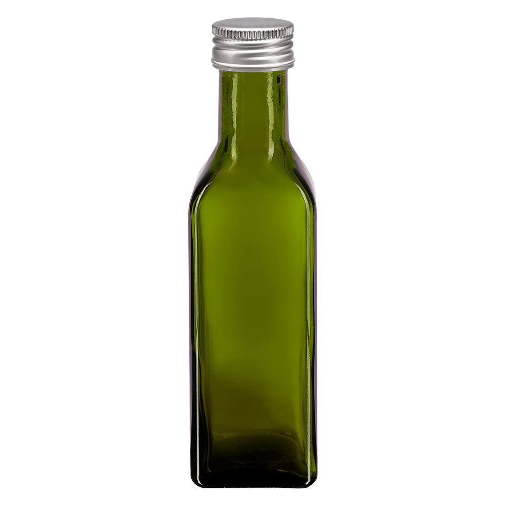 Bottiglia a vite da 100 ml quadrata verde oliva con tappo argentato. Tappo Bottiglia a vite da 100 ml quadrata verde oliva con tappo argentato. Tappo