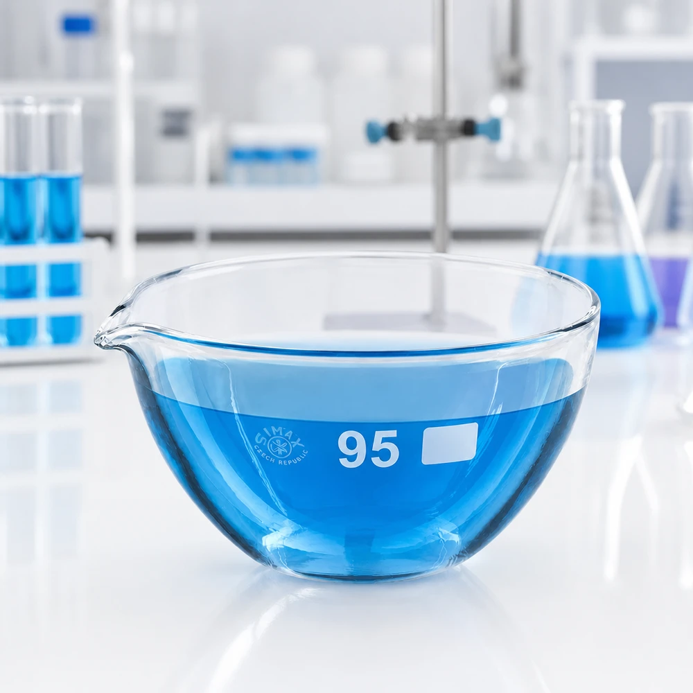 Piatto di evaporazione da 170ml con beccuccio in borosilicato ø95mm Vaschetta in vetro a parete spessa con diametro di 95 mm e beccuccio per la manipolazione sicura di soluzioni calde