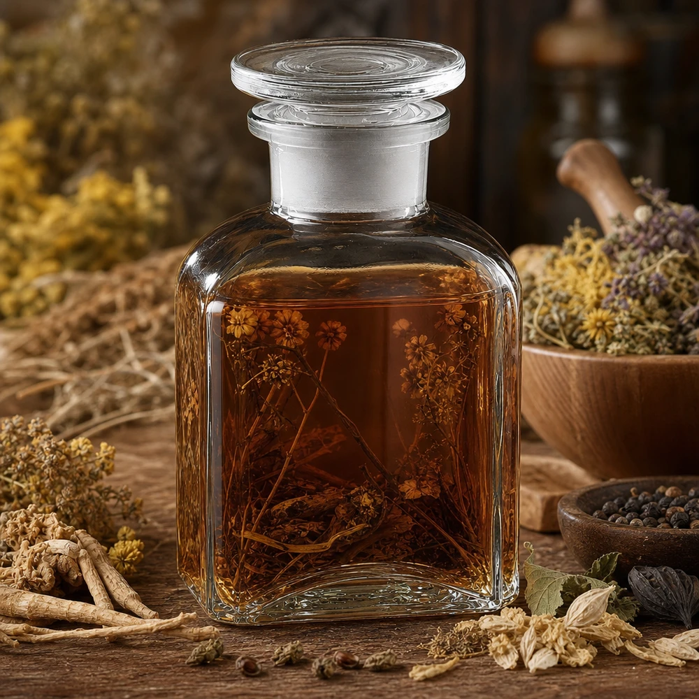Bottiglia quadrata da 150 ml trasparente a collo largo con tappo in vetro Bottiglia rettangolare in vetro trasparente da 150 ml con tappo in vetro, contenente una tintura di erbe, su un tavolo di legno