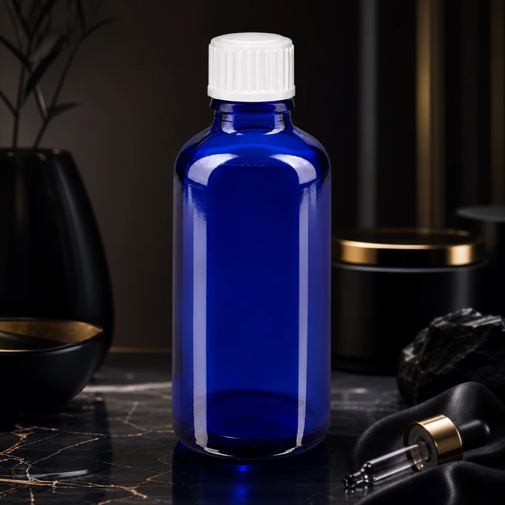 Flacone da farmacia da 50 ml color blu cobalto, in vetro di alta qualità, con tappo contagocce bianco e apertura da 3 mm