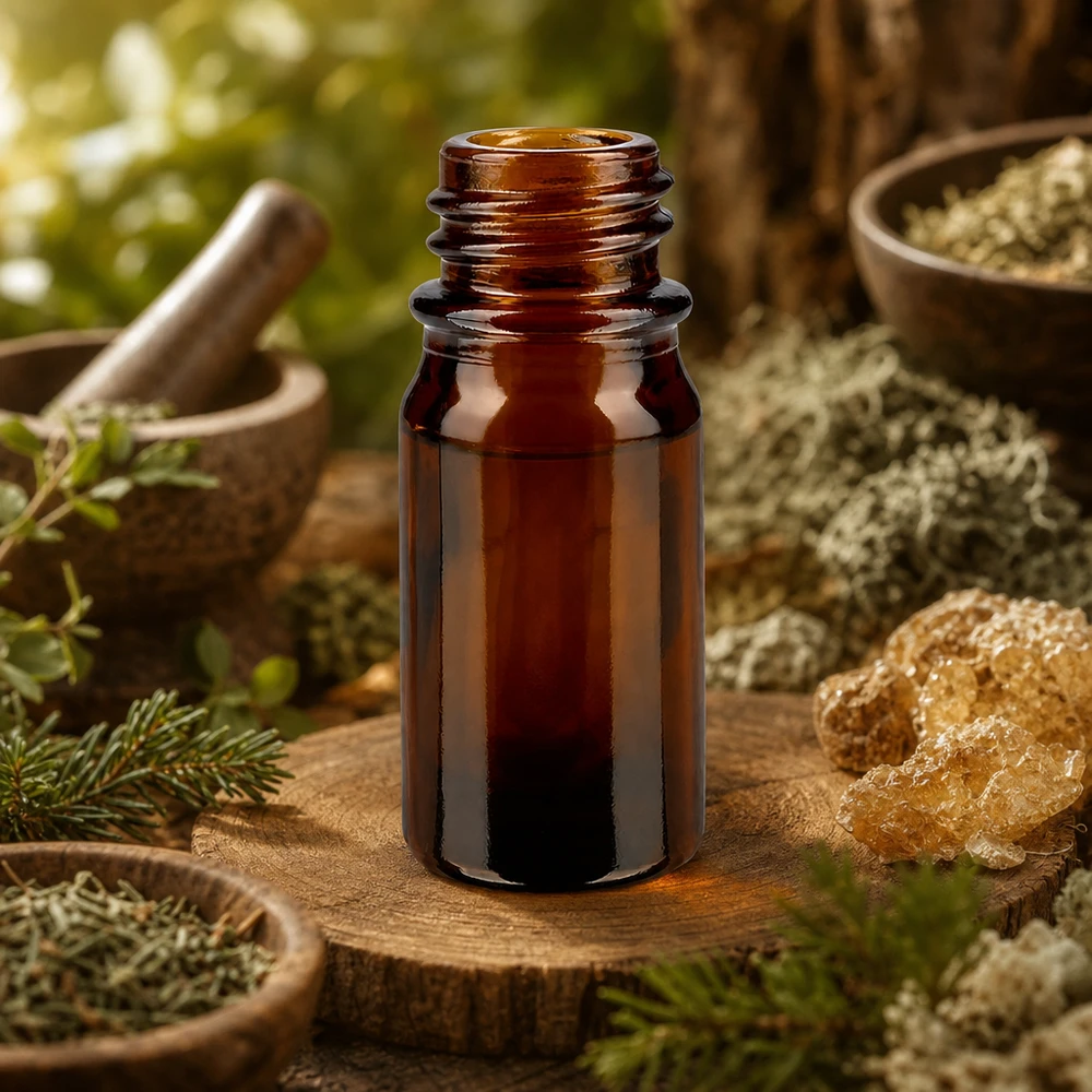 Flacone da farmacia marrone da 5ml ApoGlas su tronco d'albero con cristalli naturali, erbe e mortaio in un ambiente forestale