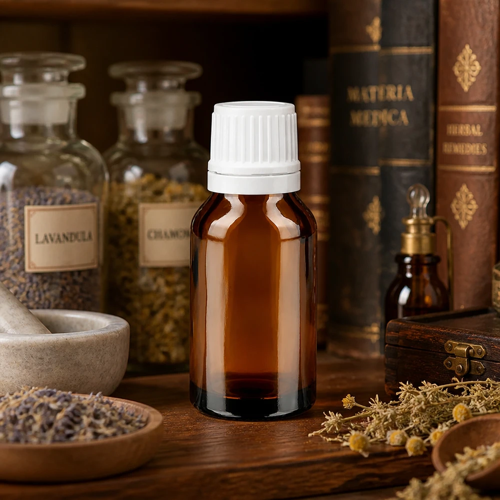 Flacone contagocce da 15 ml color ambra con tappo a vite bianco, utilizzato per i libri di Materia Medica