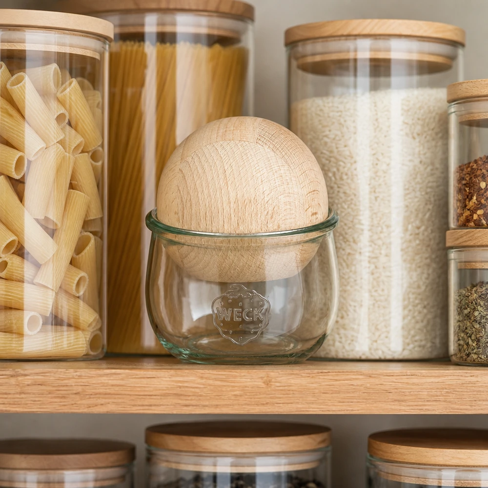 Vaso a tulipano WECK 580ml RR100 con sfera in legno di faggio in cucina organizzato tra i vasi per pasta e riso
