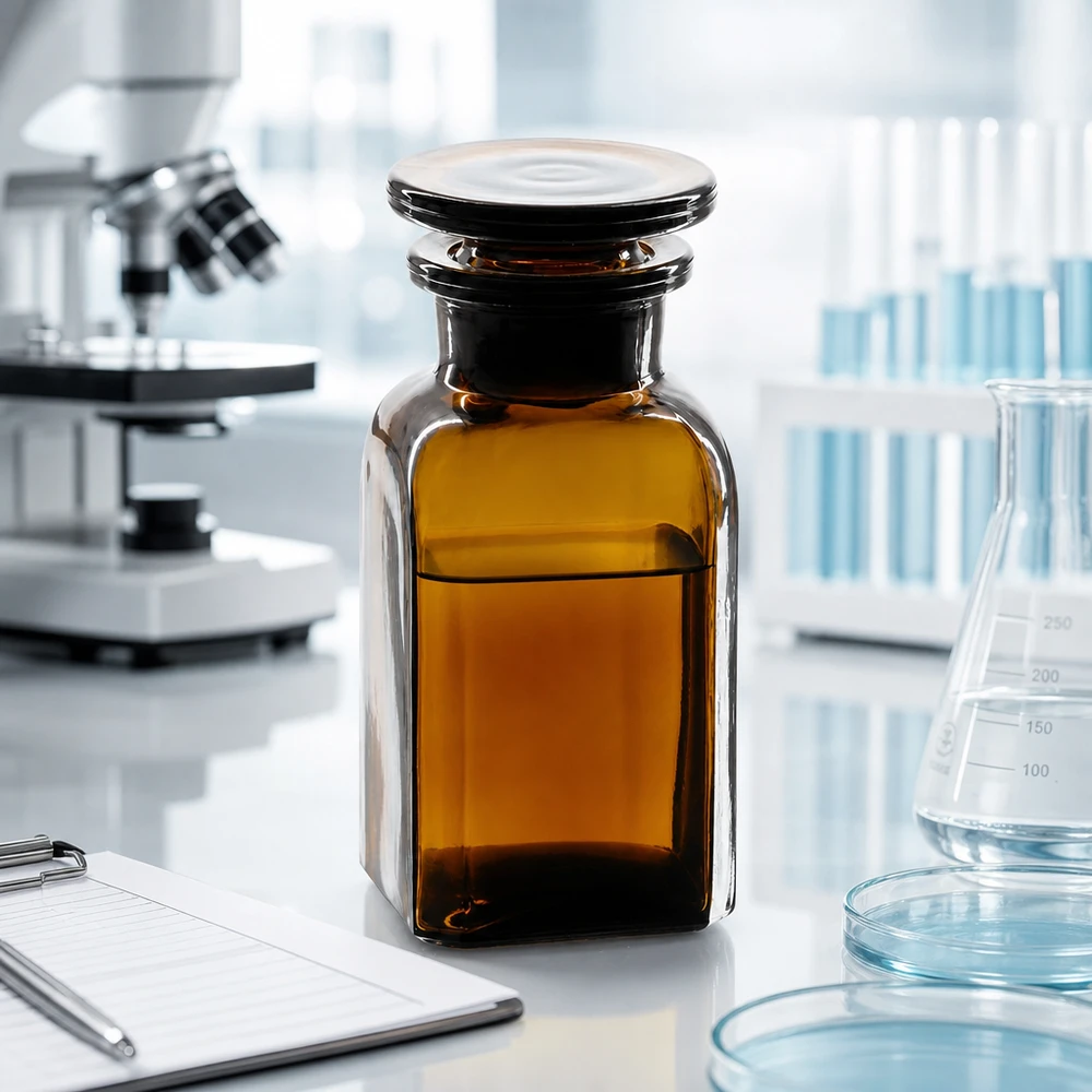 Bottiglia quadrata marrone da 100 ml con tappo di vetro in un ambiente di laboratorio, accanto a un microscopio e a un matraccio di Erlenmeyer