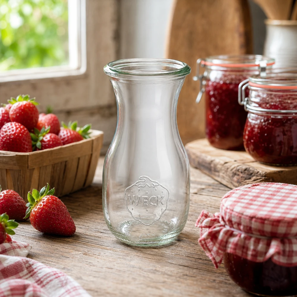 Bottiglia di succo WECK 290ml RR60 in una cucina rustica con fragole fresche e marmellata fatta in casa