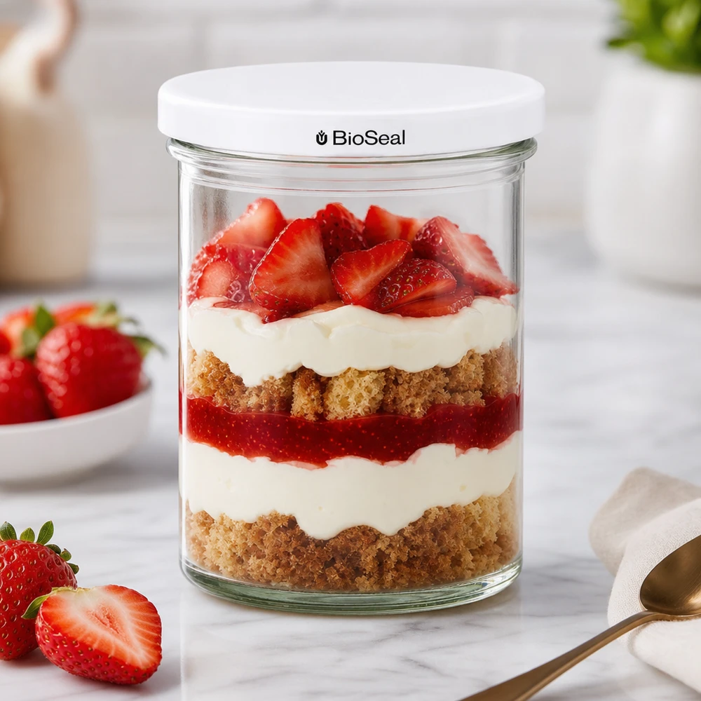 UNiTWIST Sturz435 con coperchio bianco TO82 BioSeal I tumbler UNiTWIST da 435 ml con dessert a strati di fragole e frutti di bosco freschi mostrano la presentazione creativa del dessert