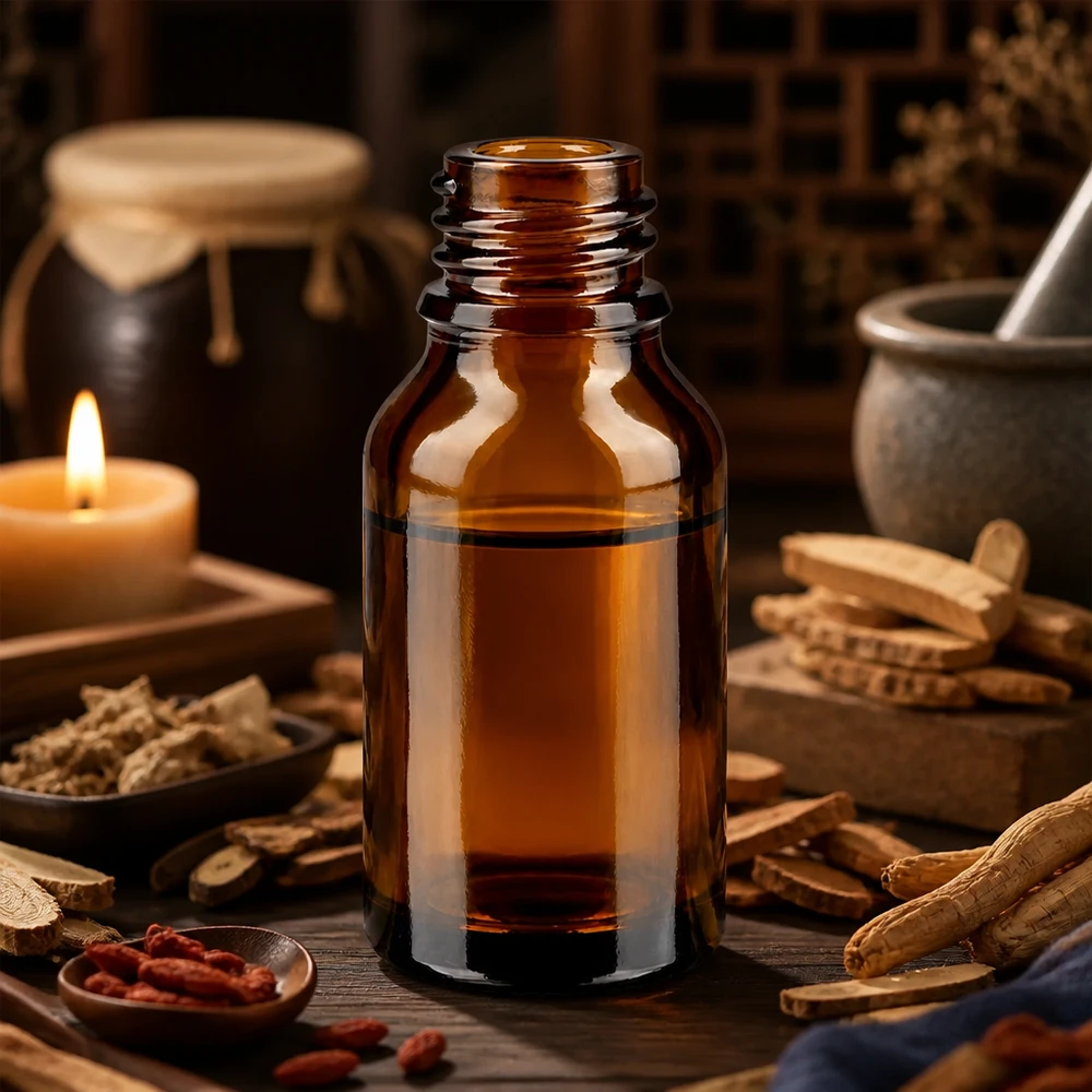 15ml bottiglia marrone ApoGlas con radici di ginseng, spezie e candela in un ambiente curativo tradizionale