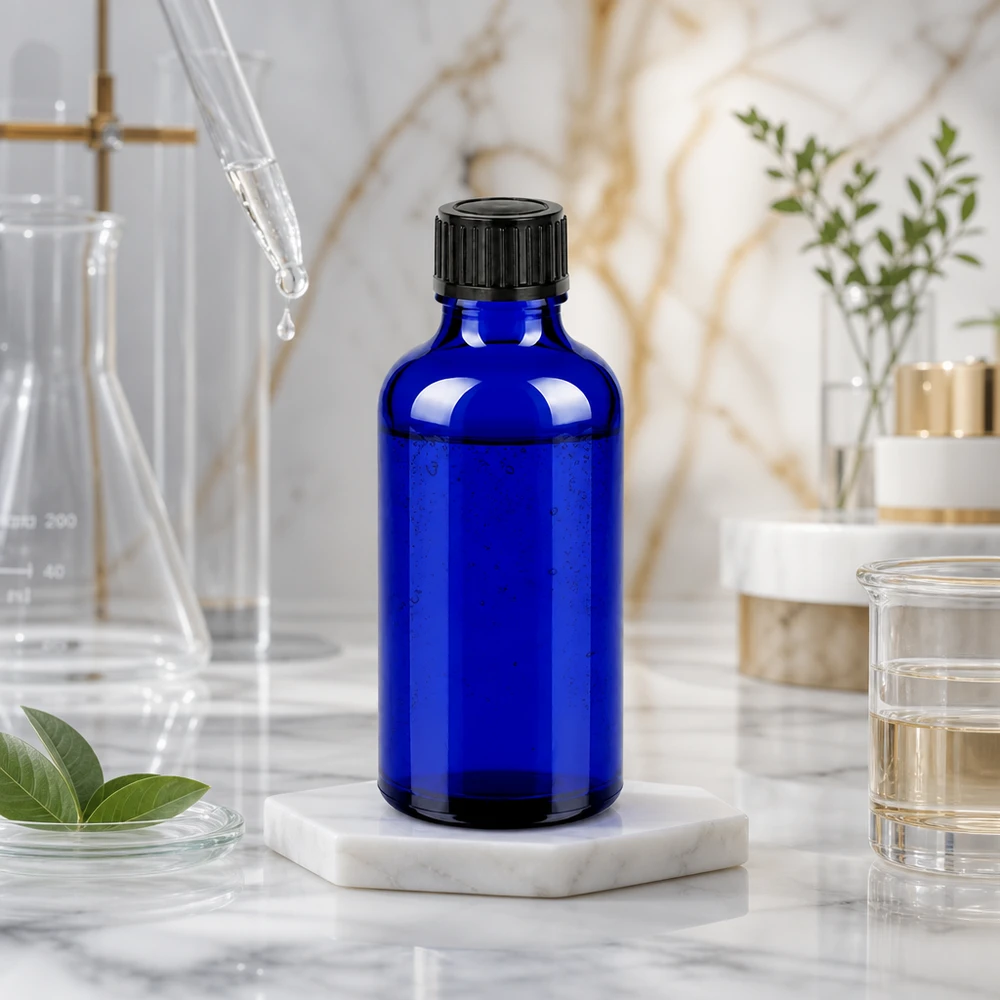 Bottiglia da 50ml 11mm SV nero OV BlueLine UT18/50 Robusto flacone in vetro blu cobalto da 50 ml con tappo nero opaco, adatto all'uso in laboratorio e in farmacia