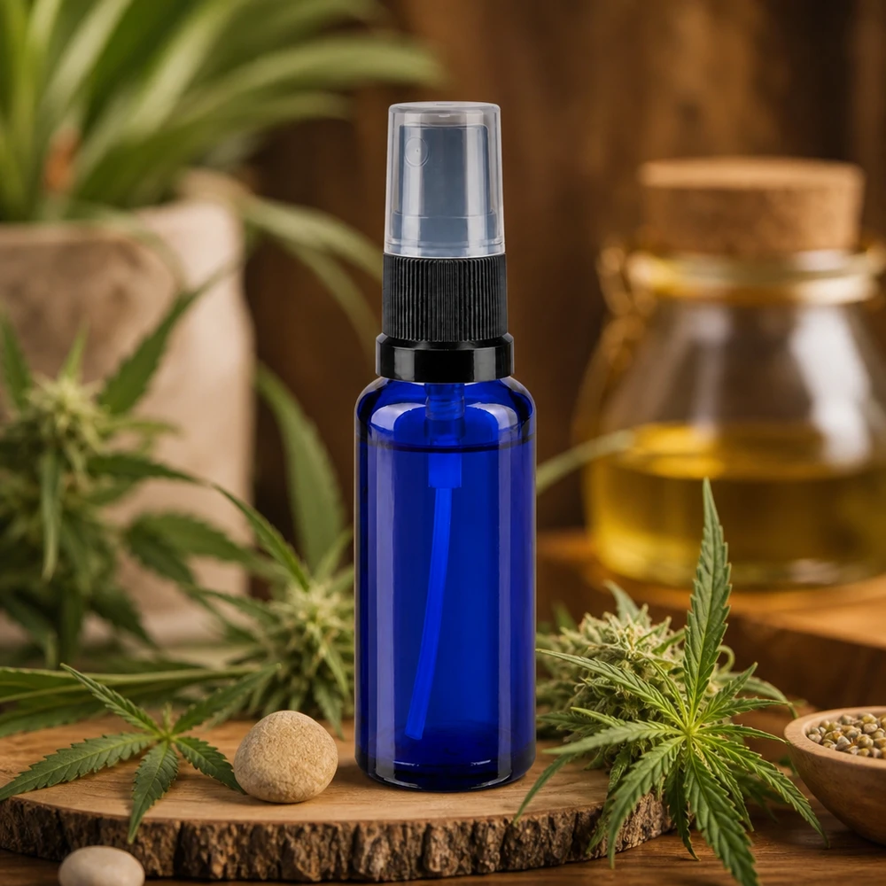 Flacone spray da 30 ml in vetro blu con erogatore a pompa nero tra piante di cannabis e semi di canapa