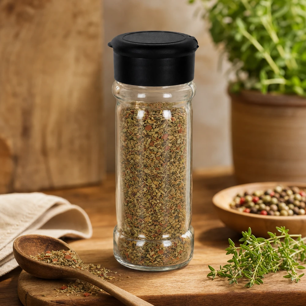 Barattolo per sale/spezie da 100 ml con dosatore, nero Barattolo per spezie da 100 ml con erbe essiccate e spargitore nero su tagliere di legno