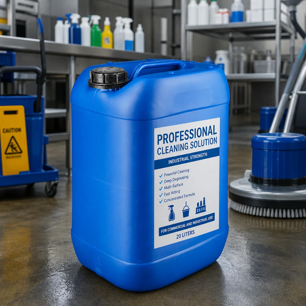 Tanica blu da 25 litri con tappo OV, contenente una soluzione detergente industriale professionale
