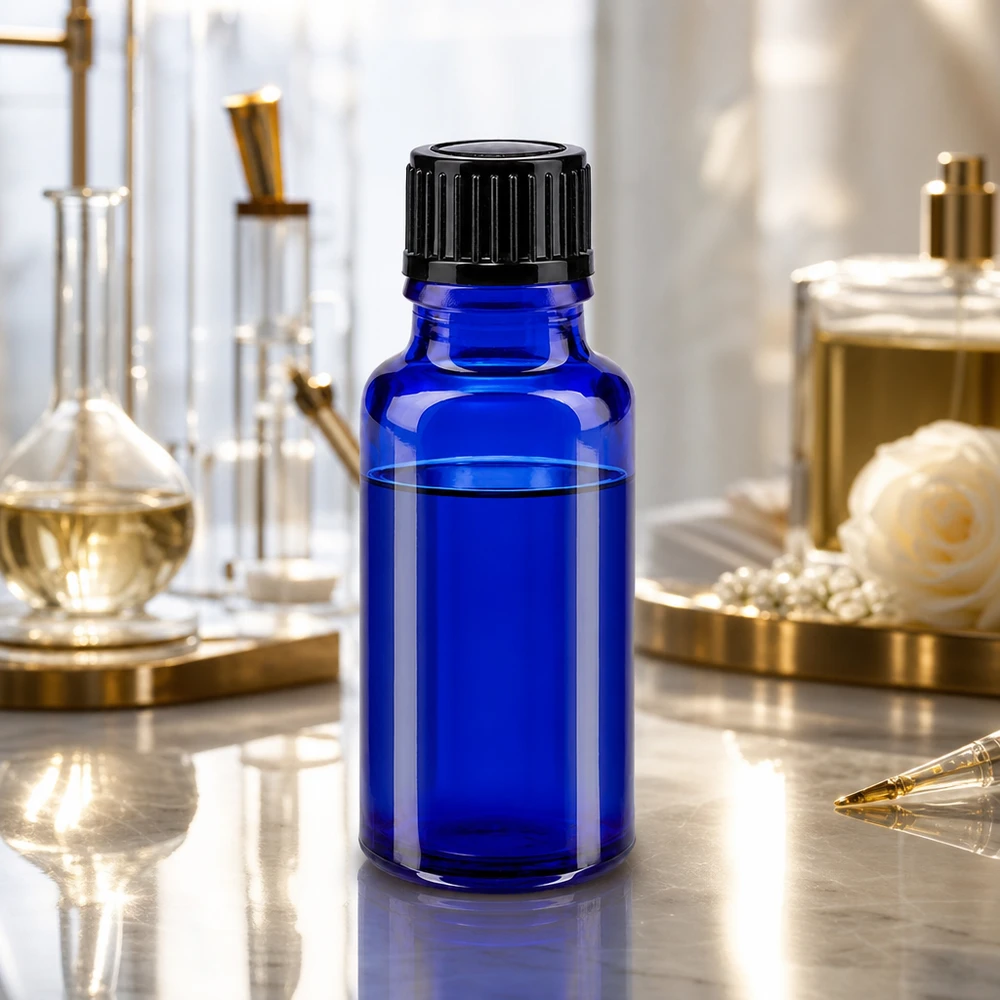 Fiaschetta da farmacia in vetro blu da 20 ml con tappo a vite nero in ambiente di laboratorio