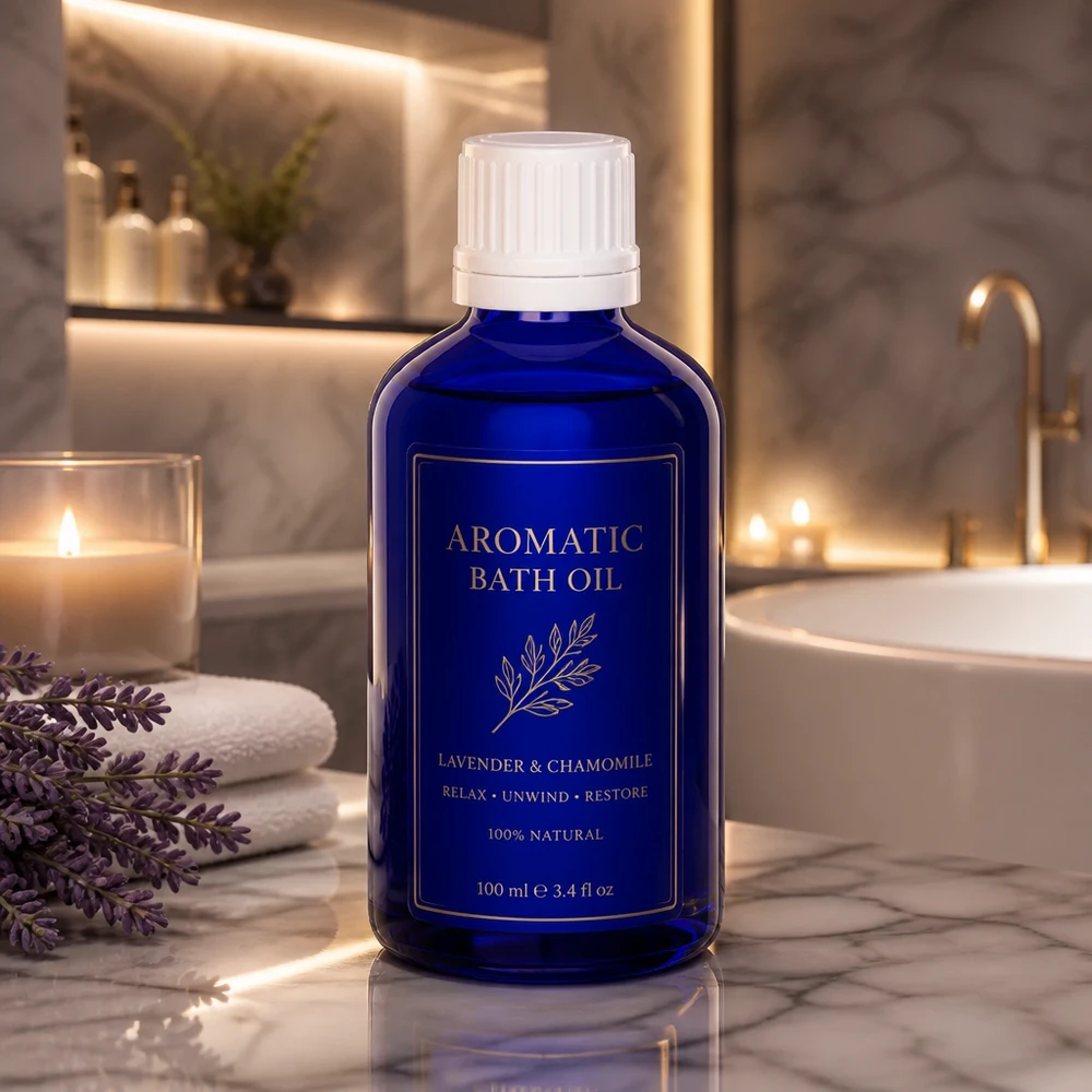 Flacone di vetro da 100 ml color blu cobalto con tappo a vite bianco e contagocce in un bagno di lusso