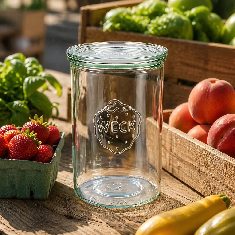 Bicchieri WECK 1000ml RR100 vuoti all'aperto su un tavolo di legno circondato da frutta e verdura fresca in cassette di legno