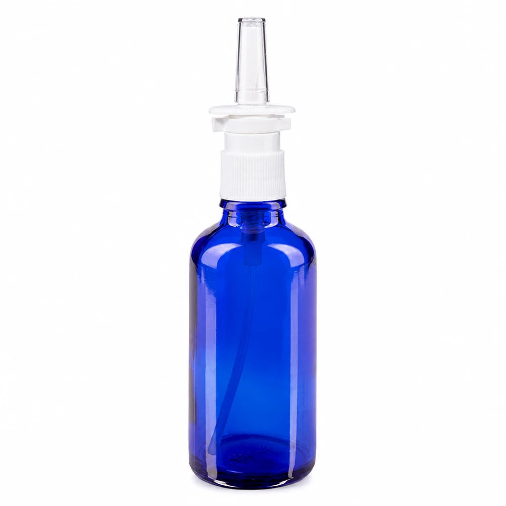 Flacone in vetro blu da 50 ml con erogatore nasale bianco e punta trasparente per farmacie