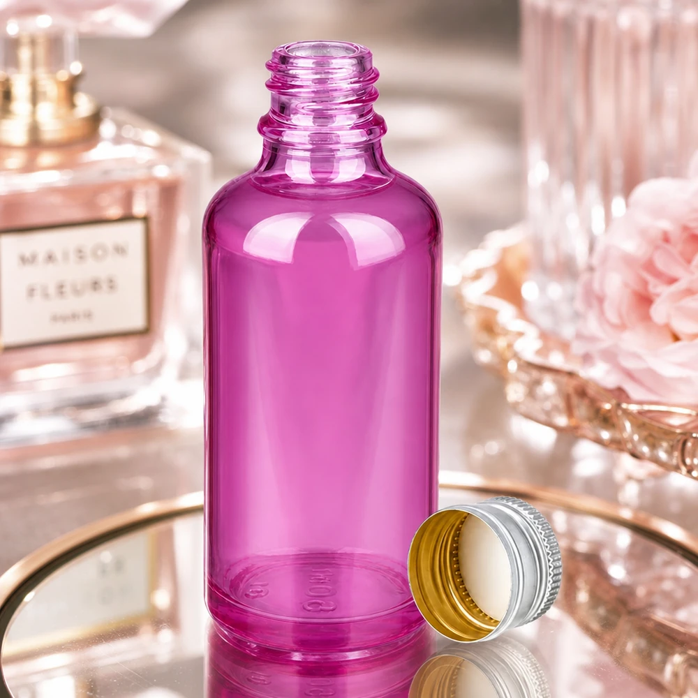 Bottiglia da 50ml tappo a vite 11mm alluminio-argento standard PurpleLine.UT18/50 Flacone in vetro viola da 50 ml con protezione UV e tappo argentato per prodotti sensibili alla luce