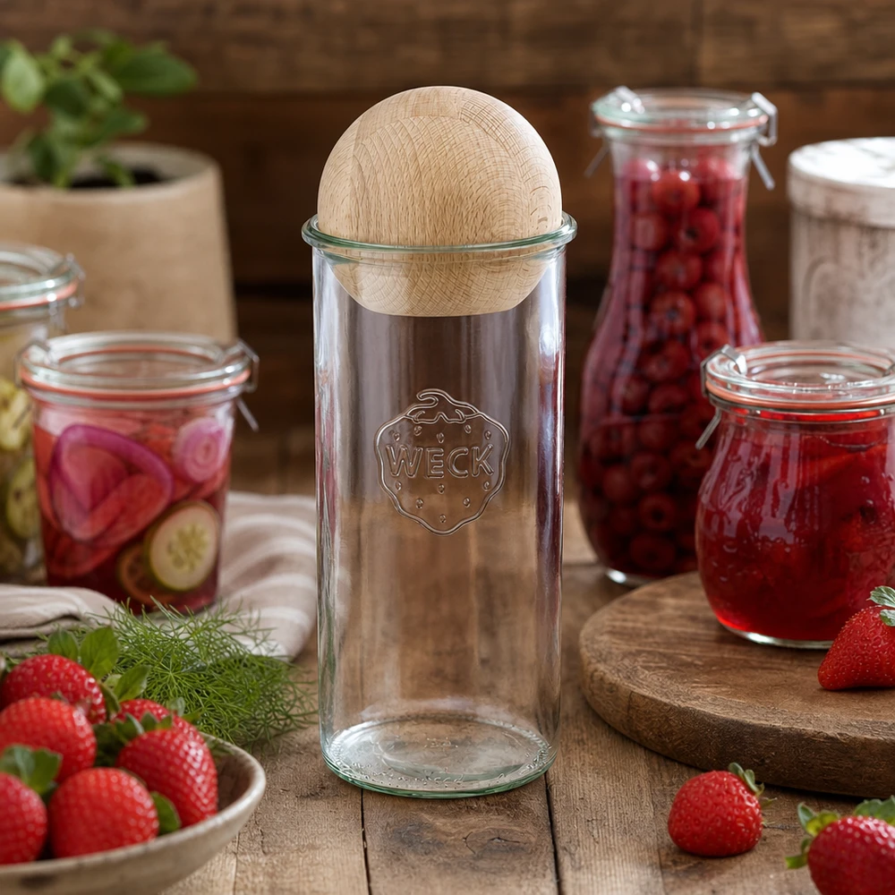 Bicchieri WECK 1500ml RR100 disposti in modo decorativo con barattoli di marmellata e fragole fresche su un tavolo di legno