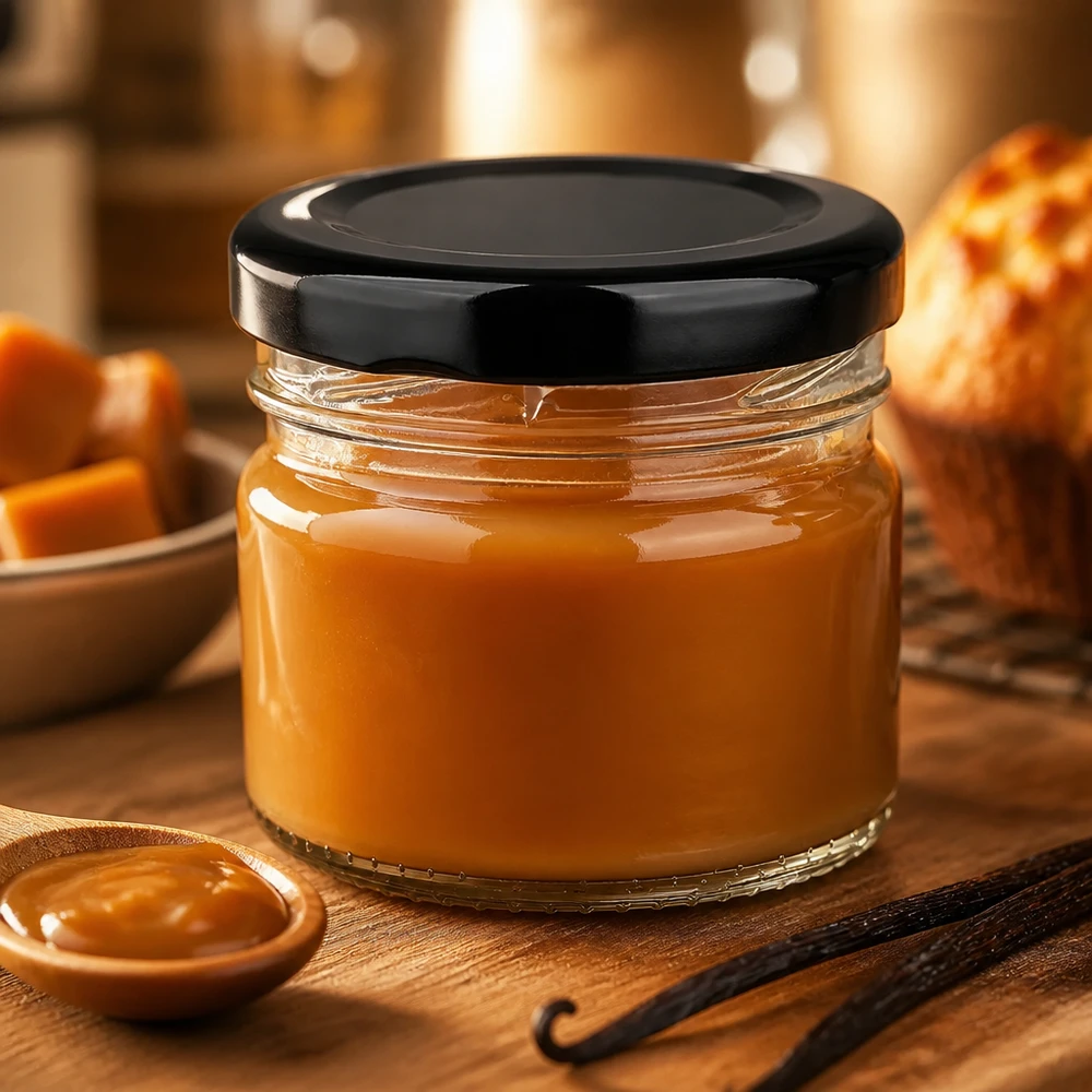 Mini vasetto da 33 ml con tappo BasicSeal nero, perfetto per creme spalmabili e salse da dessert