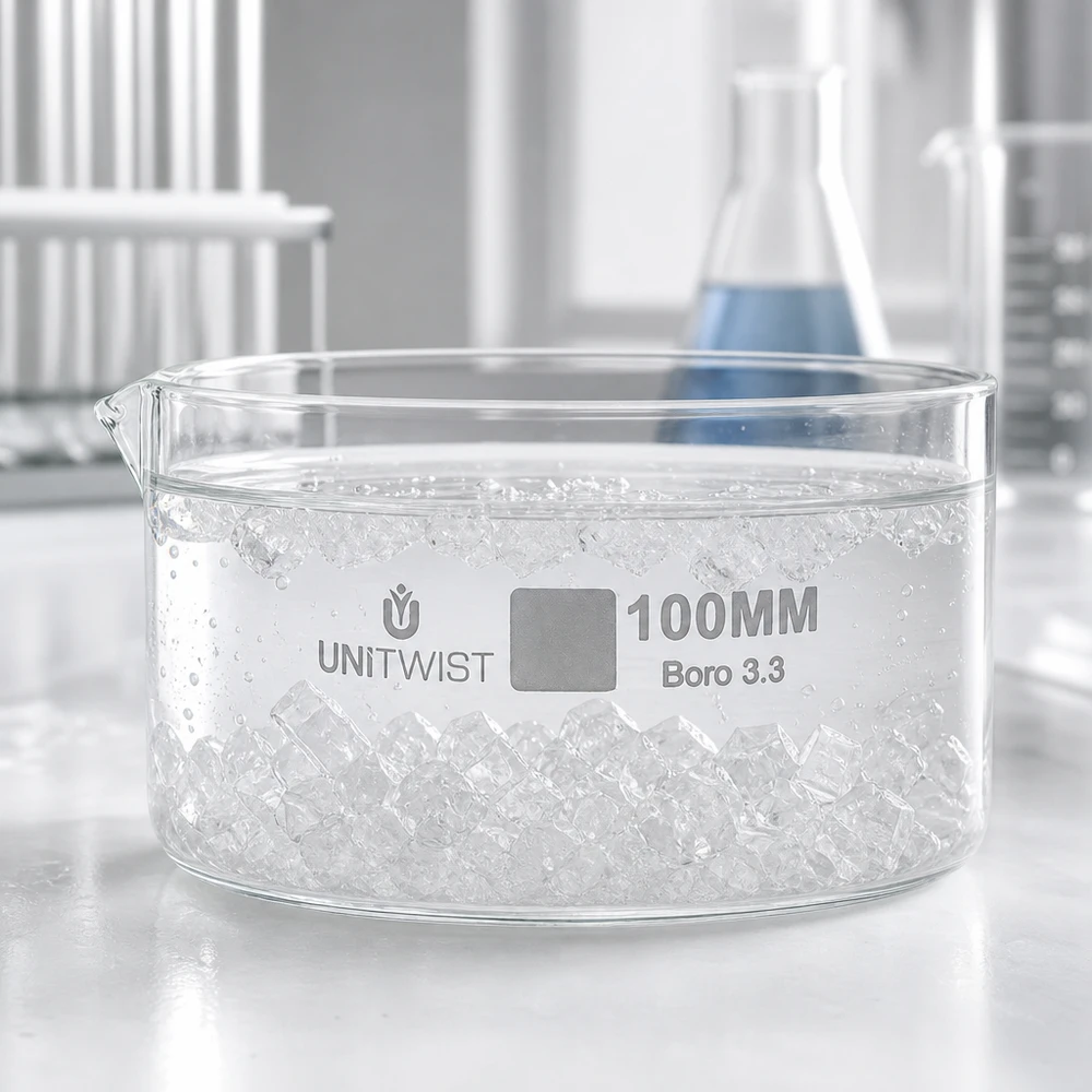 Piatto per cristallizzazione ø100mm in vetro borosilicato UNiTWIST UNiTWIST Vaschetta di cristallizzazione da 100 mm riempita con cubetti di ghiaccio, vetro borosilicato da laboratorio trasparente