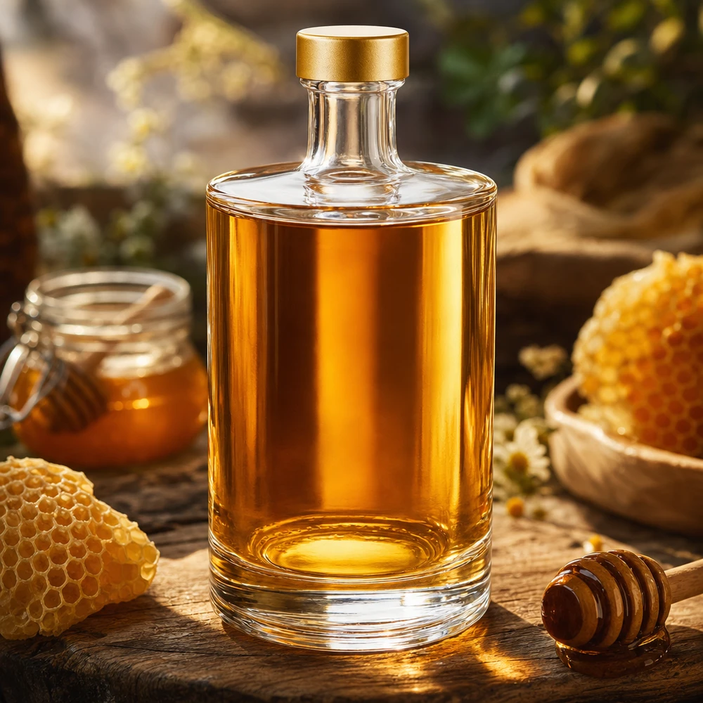 Bottiglia in vetro da 500 ml Sam + tappo a vite dorato UNiTWIST® Glasflasche Sam 500ml mit Honig befüllt rustikale Küchendeko Bienenwaben Honiglöffel UNiTWIST gold Verschluss