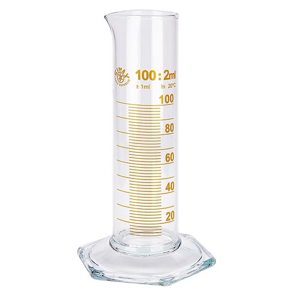 Cilindro graduato NF da 100ml in vetro, scala marrone Cilindro graduato NF da 100ml in vetro, scala marrone
