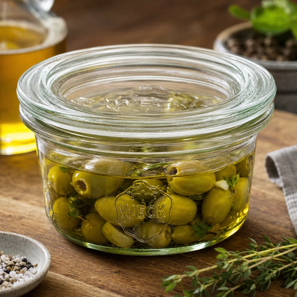 Bicchieri WECK da 50 ml riempiti con olive in salamoia in olio alle erbe e spezie su una base di legno.