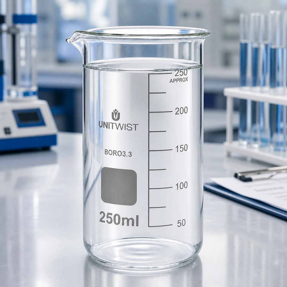Bicchiere UNITWIST vuoto da 250 ml, modello alto, in borosilicato 3.3, su un banco da laboratorio, con scala di misurazione