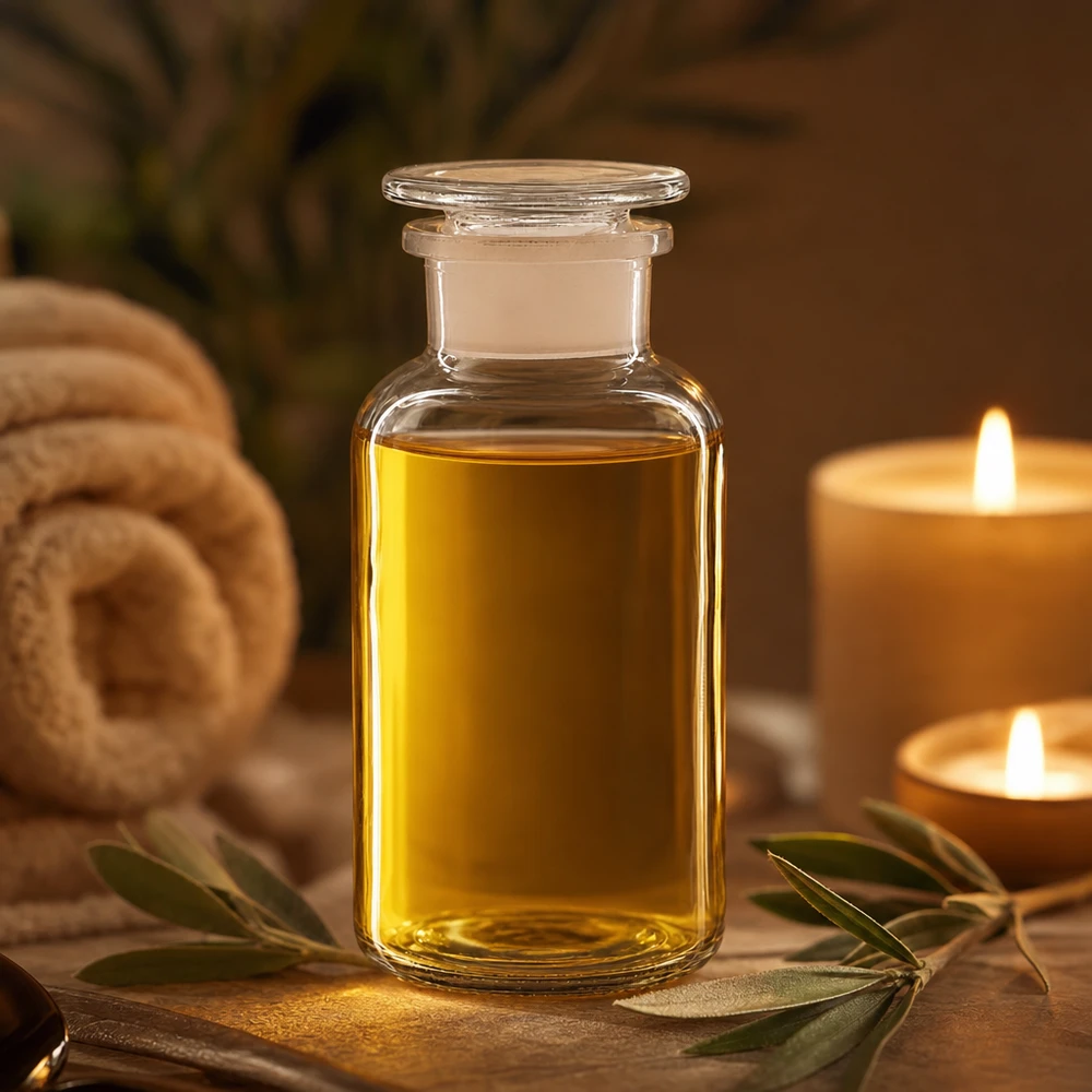 Bottiglia a spalla tonda da 500ml in vetro trasparente a collo largo con tappo Bottiglia a spalla arrotondata da 500 ml riempita di olio dorato, accanto a candele e un ramoscello d’ulivo: atmosfera da spa